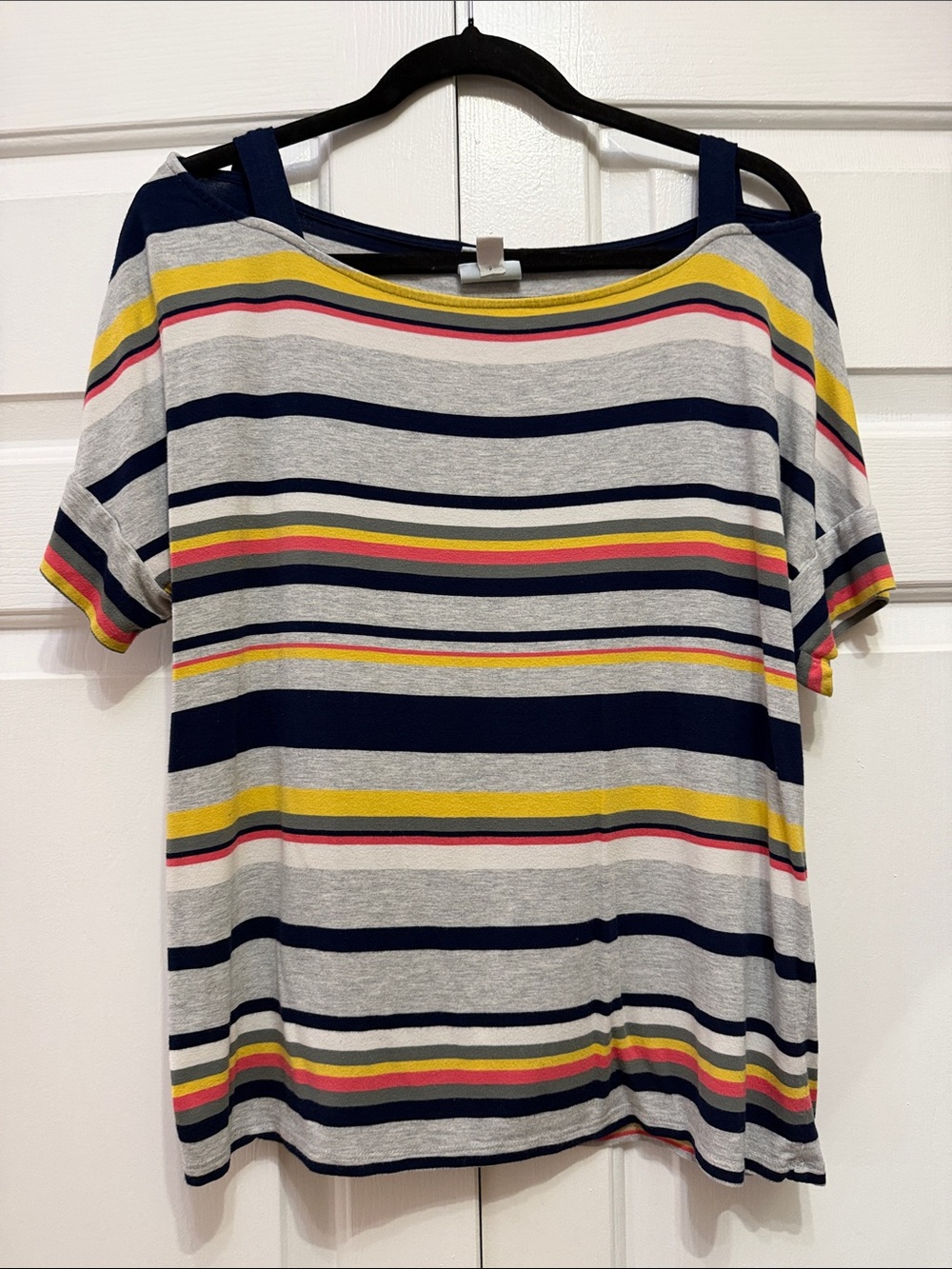 Sunday Striped Cold-Shoulder Tee in Navy, Gray, Yellow & Pink